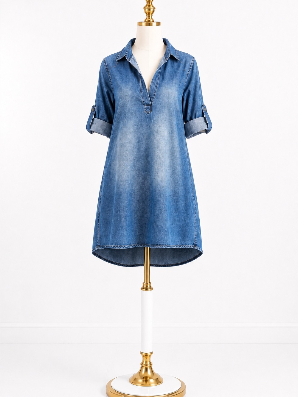 Relaxed Blue Denim Tunic with Roll-Tab Sleeves